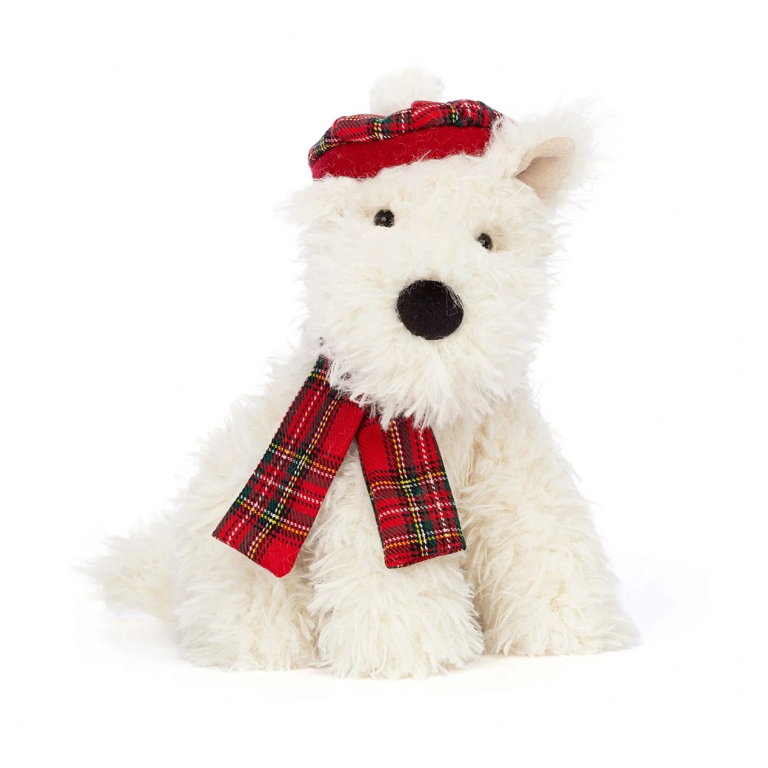 Munro the Scottie Dog is a white plush stuffed dog with luxurious fur. This Winter Warmer version of Munro Scottie Dog adds an extra stylish red tartan plaid scarf around its neck. Munro's floppy ears and wagging tail give it an endearing and playful appearance.  Its high-quality craftsmanship and attention to detail make it a fantastic choice for dog lovers of all ages.