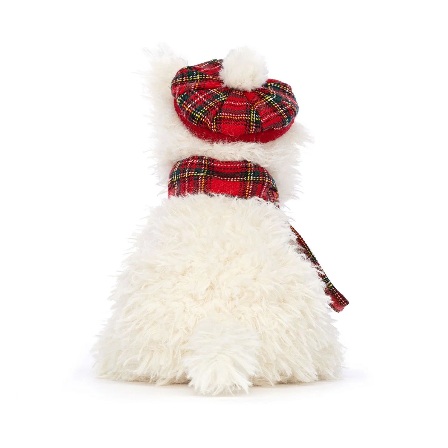 View of backside: Munro the Scottie Dog is a white plush stuffed dog with luxurious fur. This Winter Warmer version of Munro Scottie Dog adds an extra stylish red tartan plaid scarf around its neck. Munro's floppy ears and wagging tail give it an endearing and playful appearance. Its high-quality craftsmanship and attention to detail make it a fantastic choice for dog lovers of all ages.