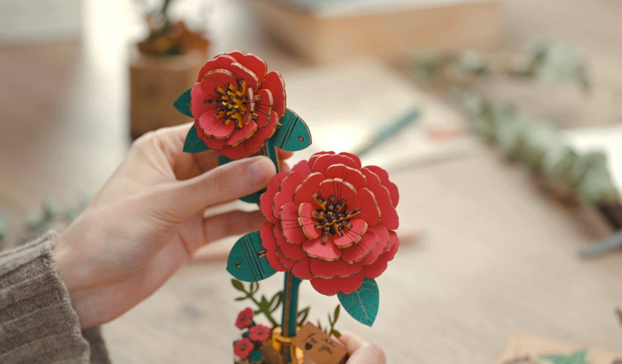 3D Wooden Flower Puzzle: Red Camellia - A Child's Delight