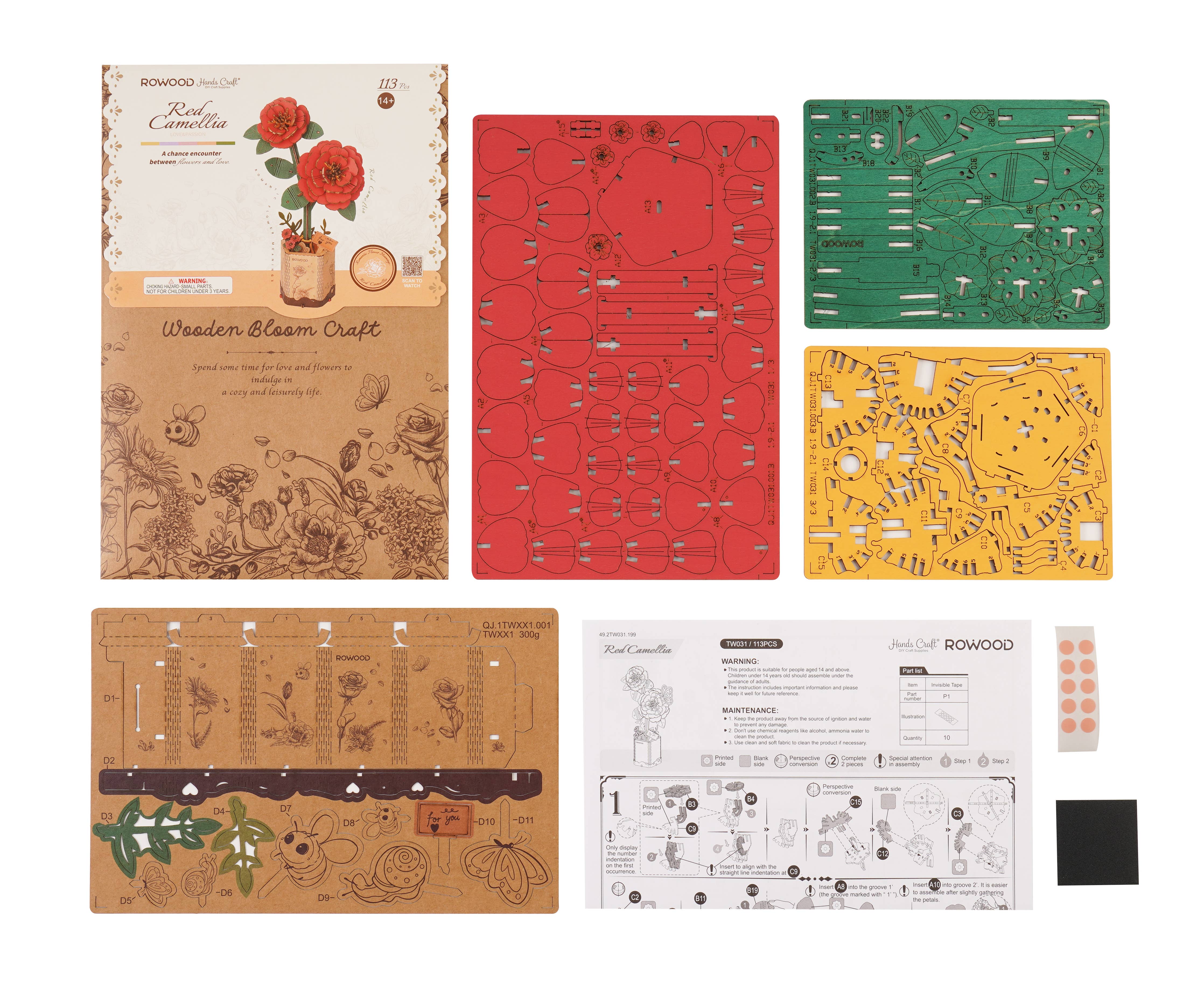 3D Wooden Flower Puzzle: Red Camellia - A Child's Delight